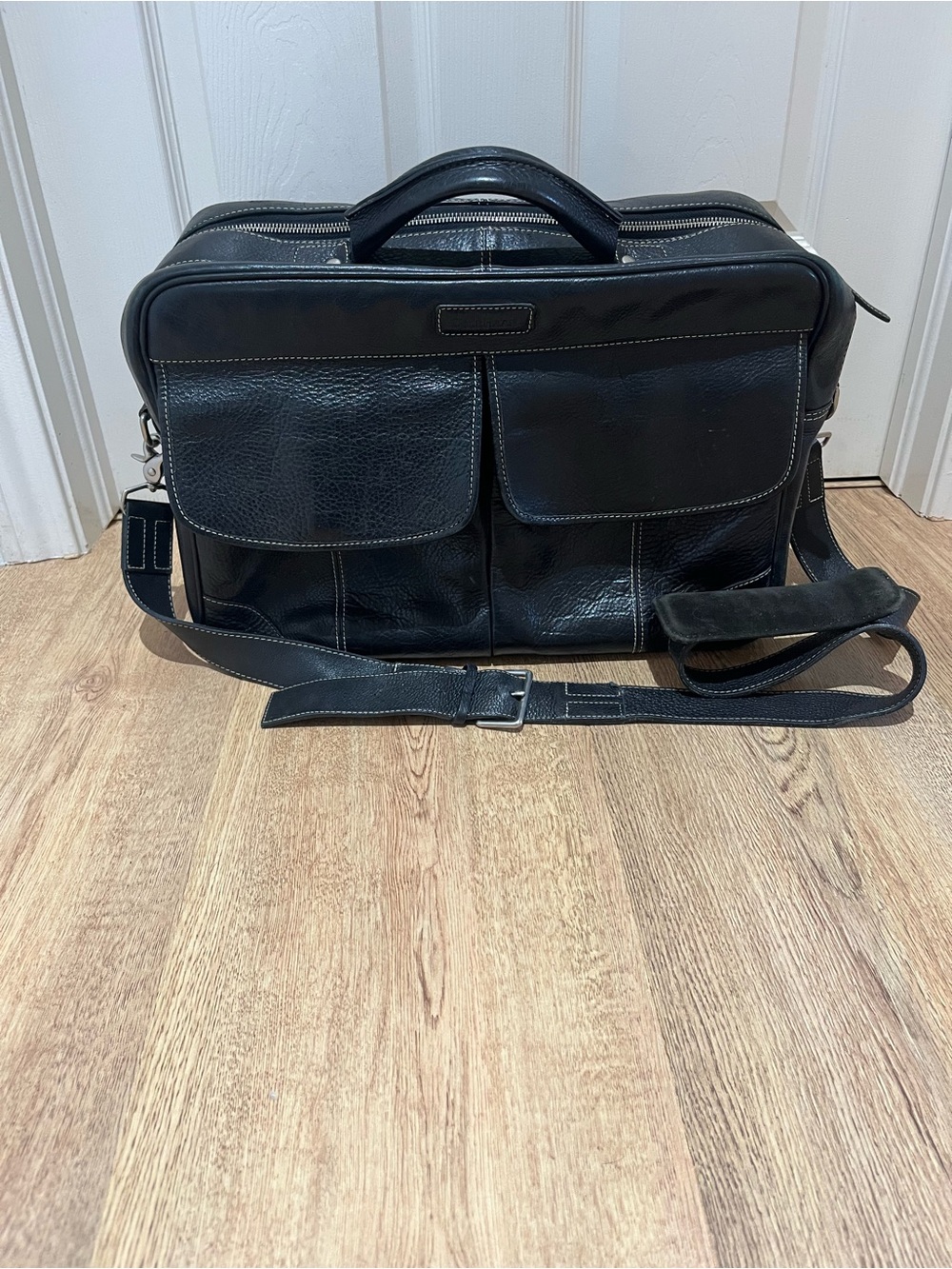 Cole Haan Black Pebbled Leather Briefcase with Front Flap Pockets